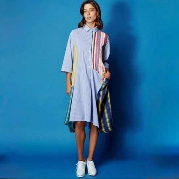 Alembika Patchwork Stripe Dress M Oversized Colorblock Art Teacher Chic Like New - Picture 1 of 8